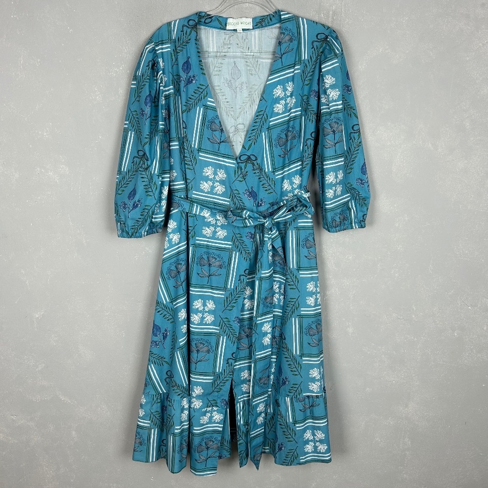 Brooke Wright size L Kitty midi wrap dress blue botanical floral linen cotton